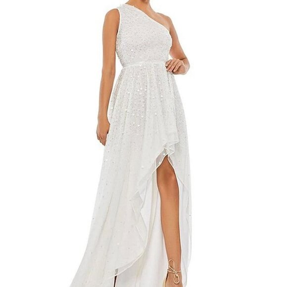 Mac Duggal White Sleeveless One Shoulder Beaded High-Low Gown - Picture 1 of 6